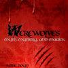 Book cover features a red, blood-splattered background with claw marks and dripping blood. Title: Werewolves by Schiffer Publishing—a chilling look at werewolf legends and lycanthropy. Schiffer logo appears at the bottom left.
